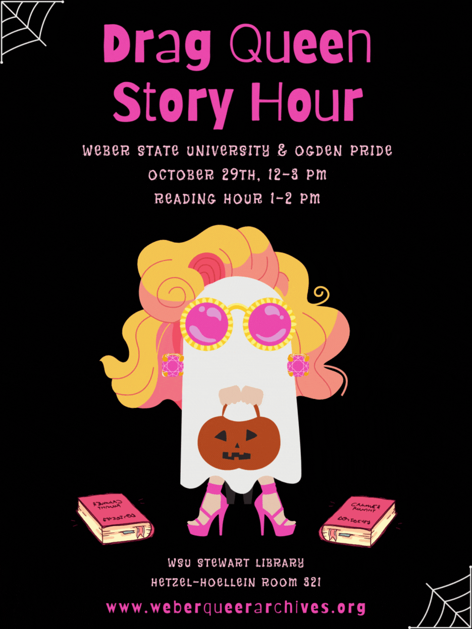 Drag Queen Story Hour poster, it has a ghost in pink high heels.