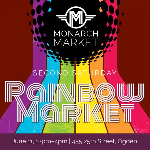 Promotional poster for event with a rainbow over a red background.