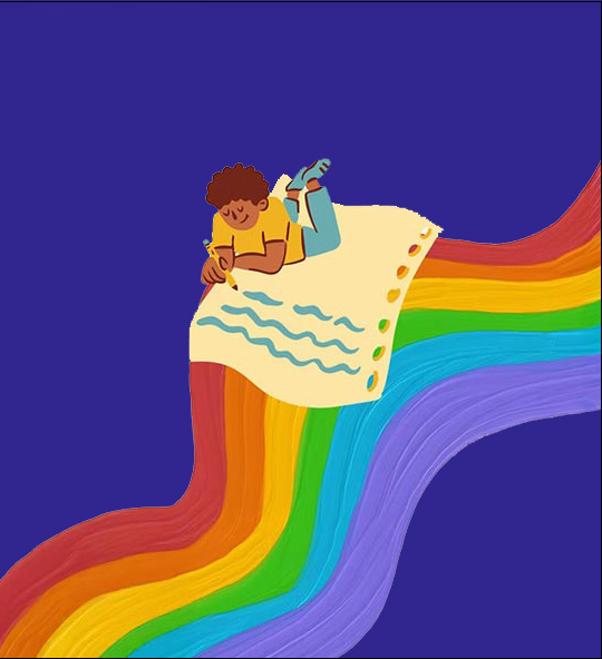 Kid reading a letter while laying on a rainbow.